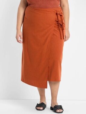 Plus-Size Rust Wrap Midi Skirt with Side Tie
